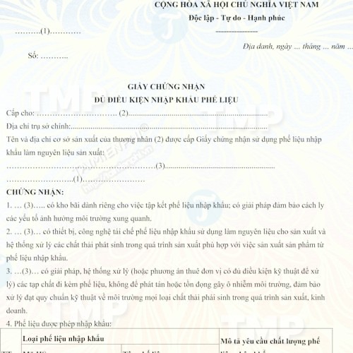 Mẫu giấy chứng nhận đủ điều kiện nhập khẩu phế liệu