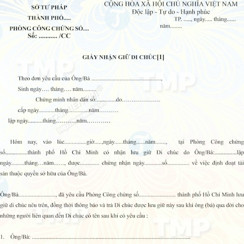 Mẫu giấy nhận giữ di chúc