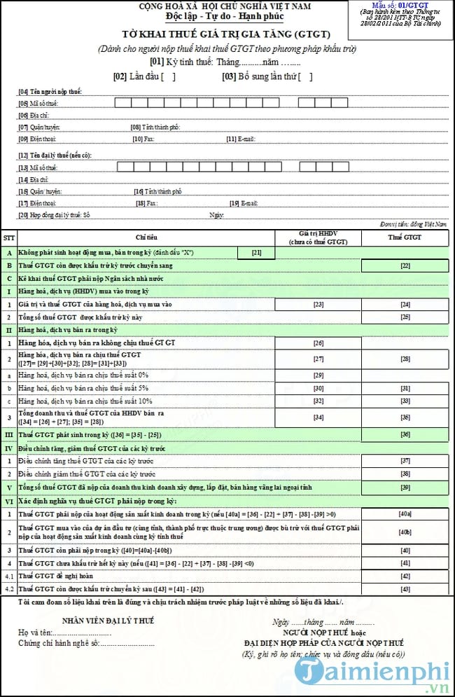 Mẫu tờ khai thuế giá trị gia tăng