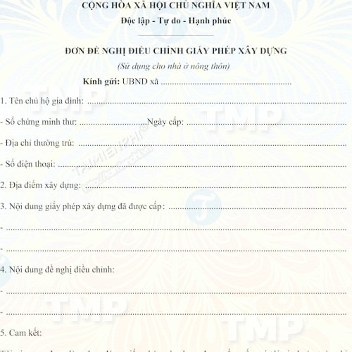 Mẫu đơn đề nghị điều chỉnh giấy phép xây dựng sử dụng cho nhà ở nông thôn