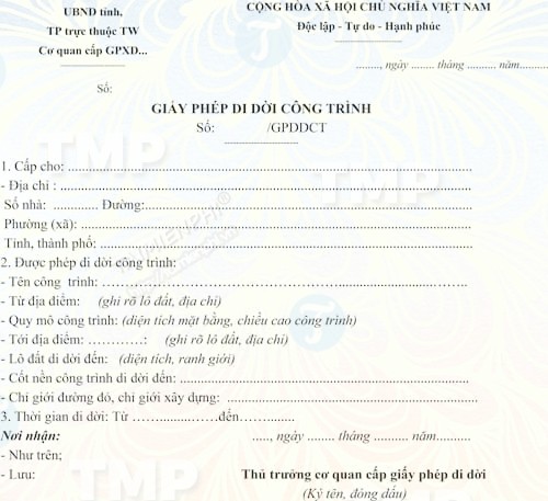 Mẫu giấy phép di dời công trình