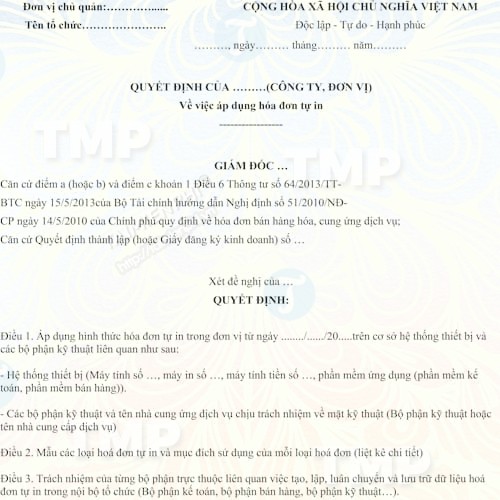 Mẫu quyết định về việc áp dụng hóa đơn tự in