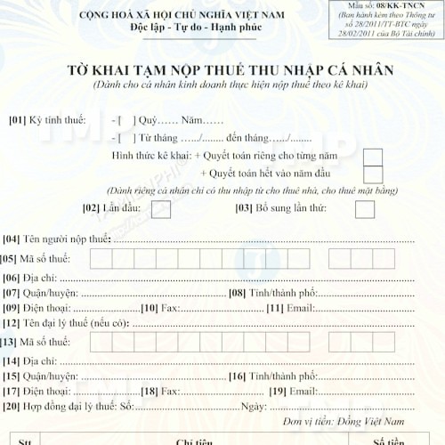Mẫu tờ khai tạm nộp thuế thu nhập cá nhân