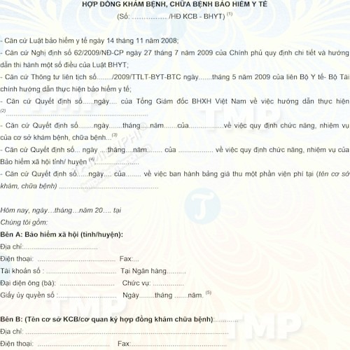 Mẫu hợp đồng khám bệnh, chữa bệnh bảo hiểm y tế