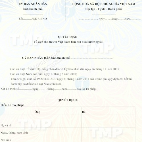 Mẫu quyết định về việc cho trẻ em Việt Nam làm con nuôi nước ngoài