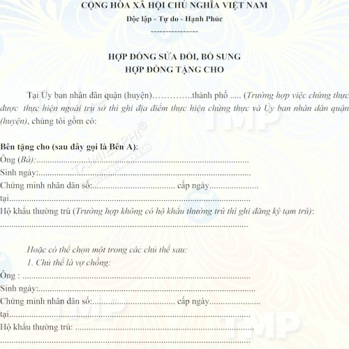 Hợp đồng sửa đổi, bổ sung hợp đồng tặng cho