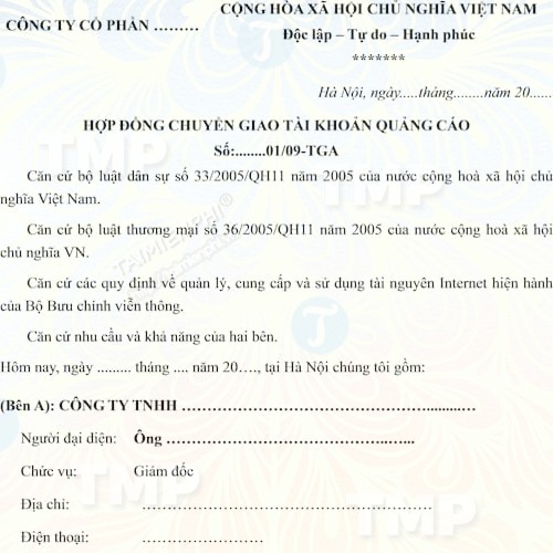 Mẫu hợp đồng chuyển giao tài khoản quảng cáo