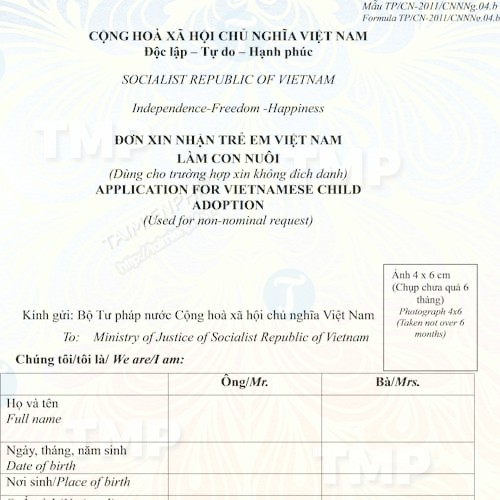 Mẫu đơn xin trẻ em Việt Nam làm con nuôi