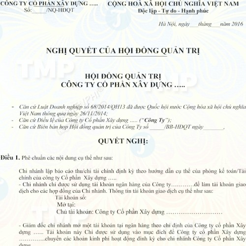 Mẫu nghị quyết hội đồng quản trị Công ty Cổ phần