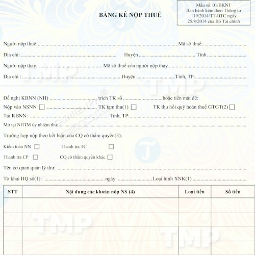 Mẫu bảng kê nộp thuế