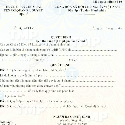 Mẫu quyết định tịch thu tang vật vi phạm hành chính