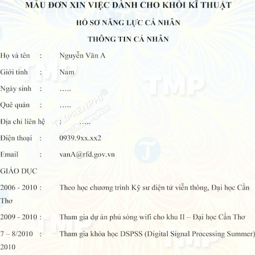 CV xin việc cho kỹ sư điện