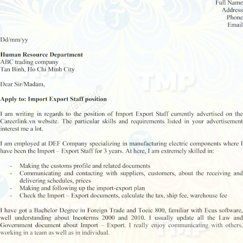 CV xin việc ngành xuất nhập khẩu tiếng anh