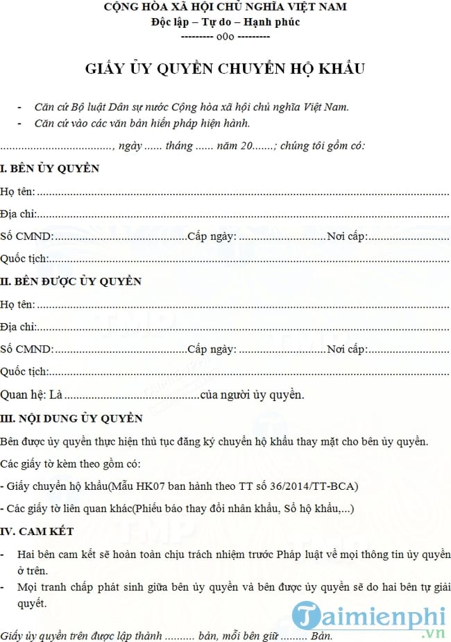 Giấy ủy quyền chuyển hộ khẩu