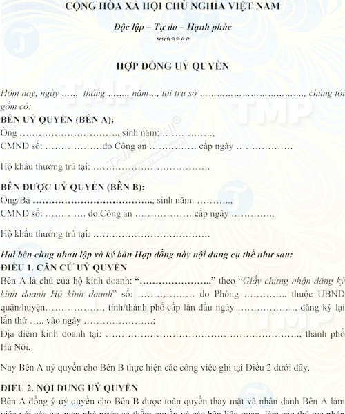 Giấy ủy quyền của hộ kinh doanh