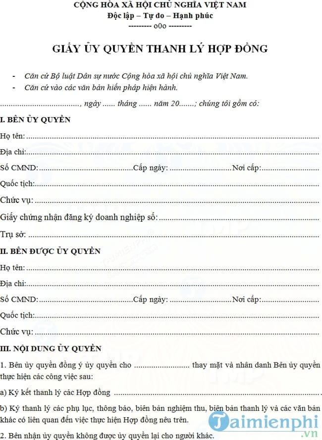 Giấy ủy quyền thanh lý hợp đồng