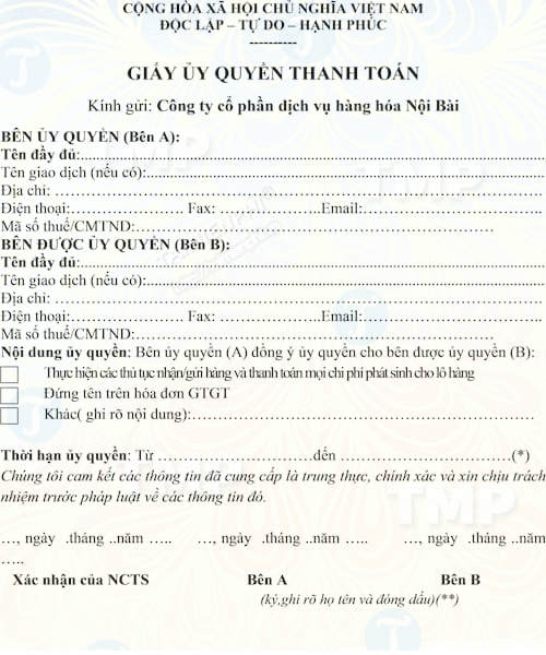Giấy ủy quyền thanh toán