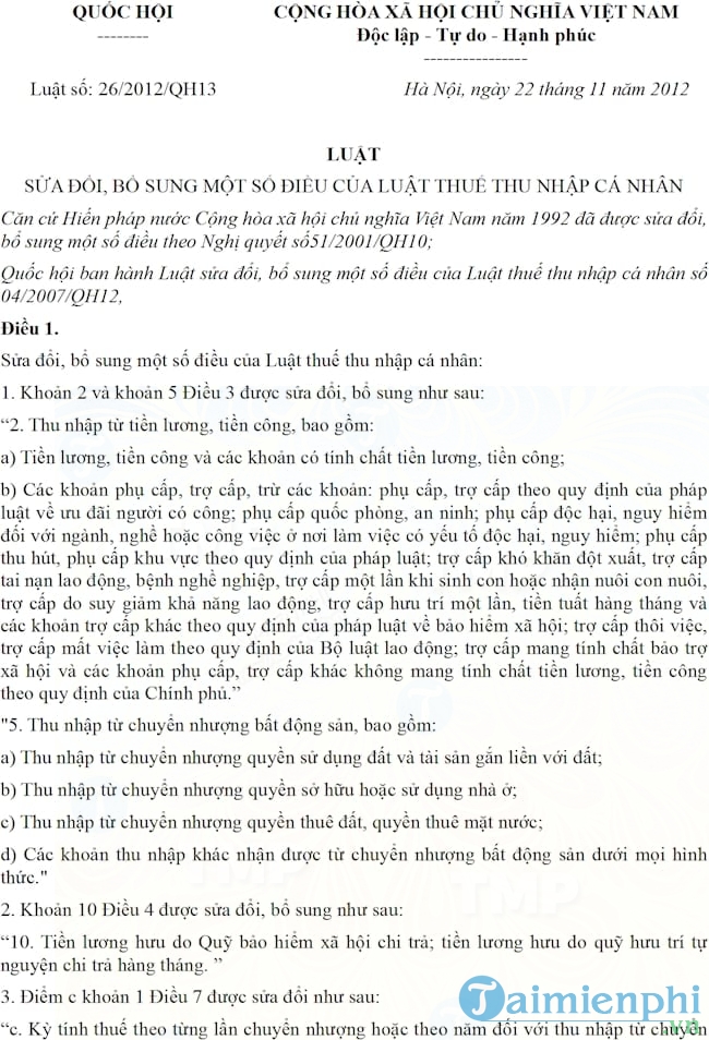 Luật thuế thu nhập cá nhân sửa đổi 2012