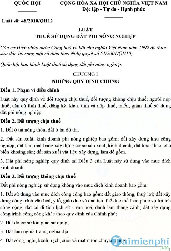 Luật thuế sử dụng đất phi nông nghiệp