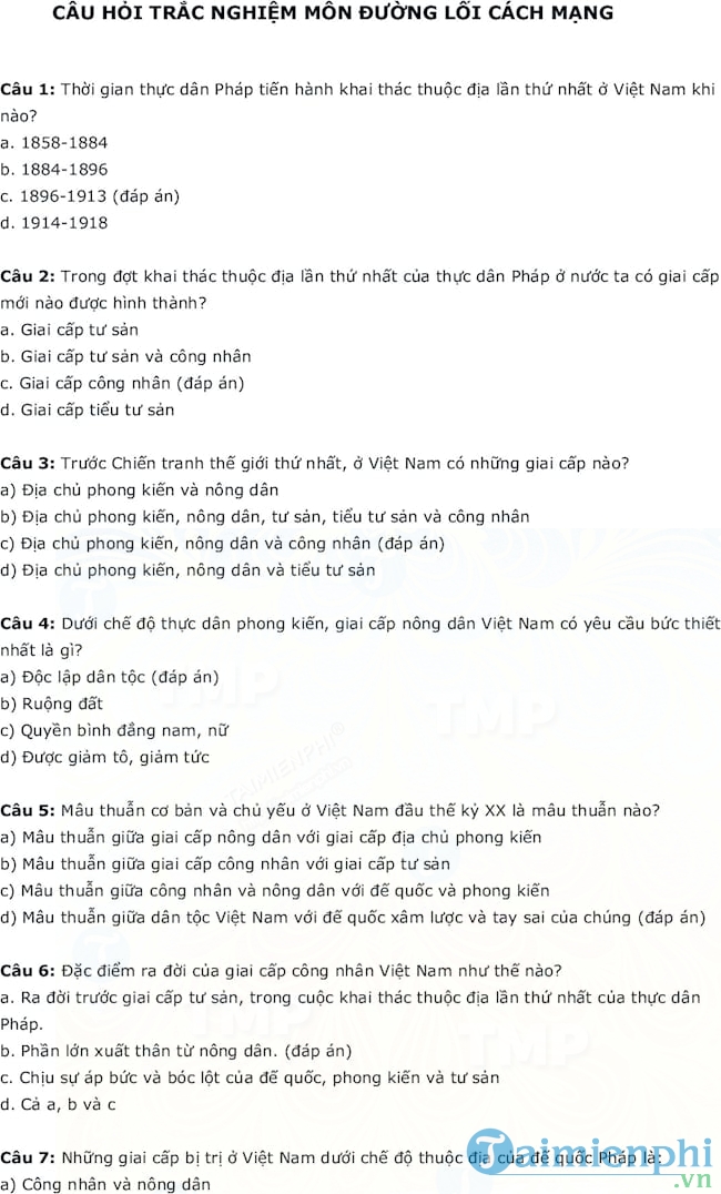 Câu hỏi trắc nghiệm môn Đường lối Cách mạng