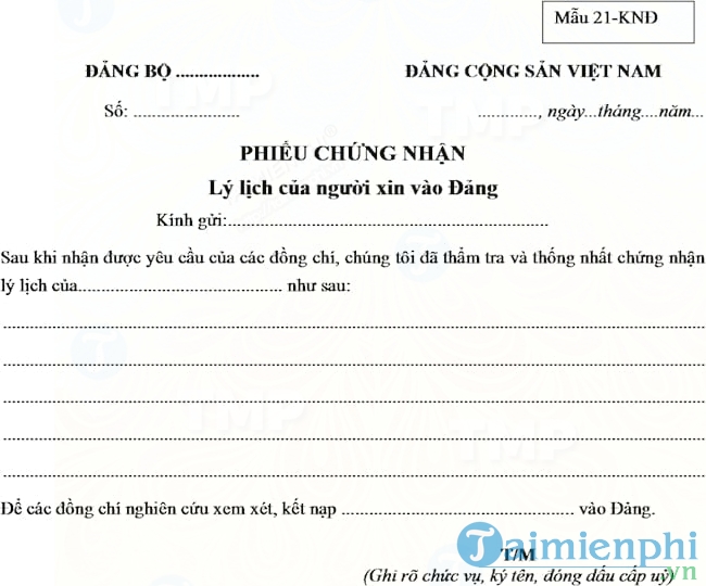 Mẫu phiếu chứng nhận lý lịch của người xin vào Đảng
