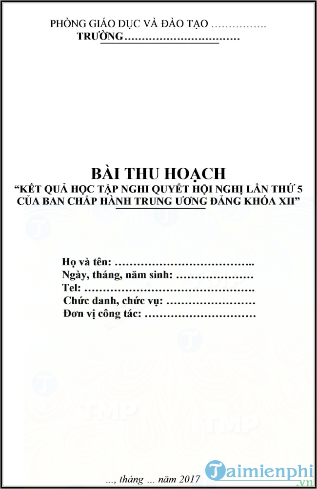 Mẫu bìa bài thu hoạch Nghị quyết trung ương 5 khóa XII