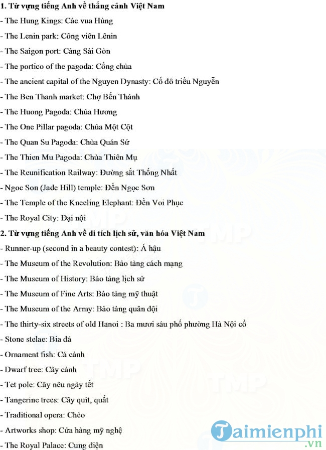 Từ vựng tiếng Anh về thắng cảnh, lịch sử văn hóa, du lịch Việt Nam