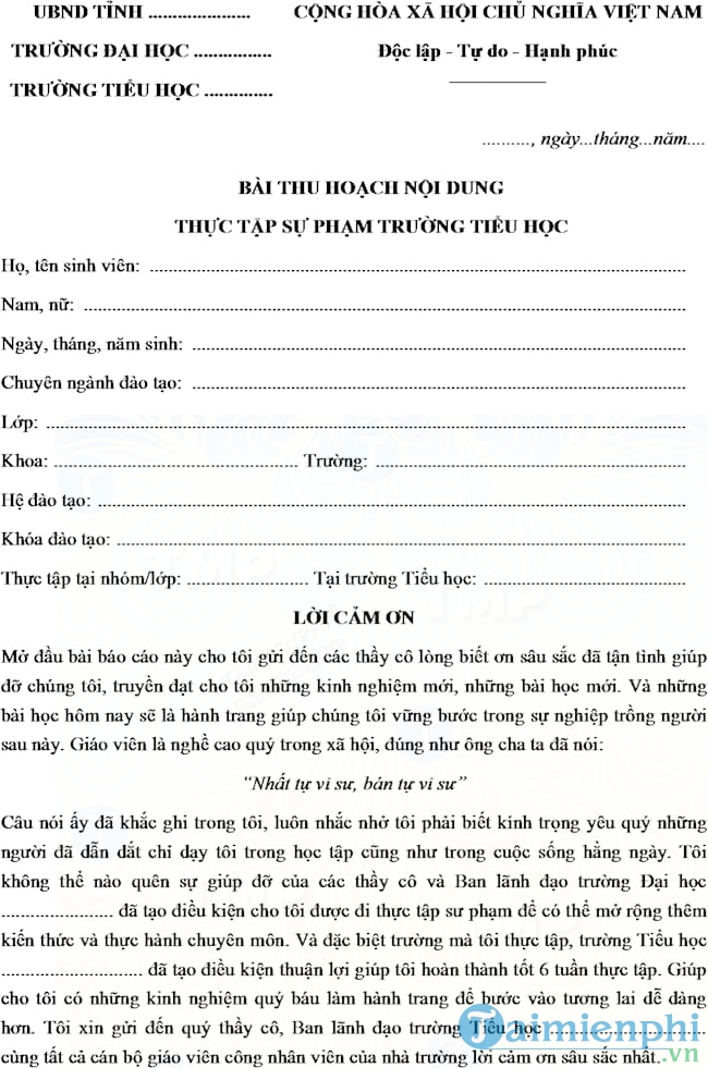 Mẫu báo cáo thực tập sư phạm Tiểu học