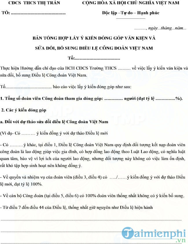 Mẫu bản tổng hợp lấy ý kiến đại hội