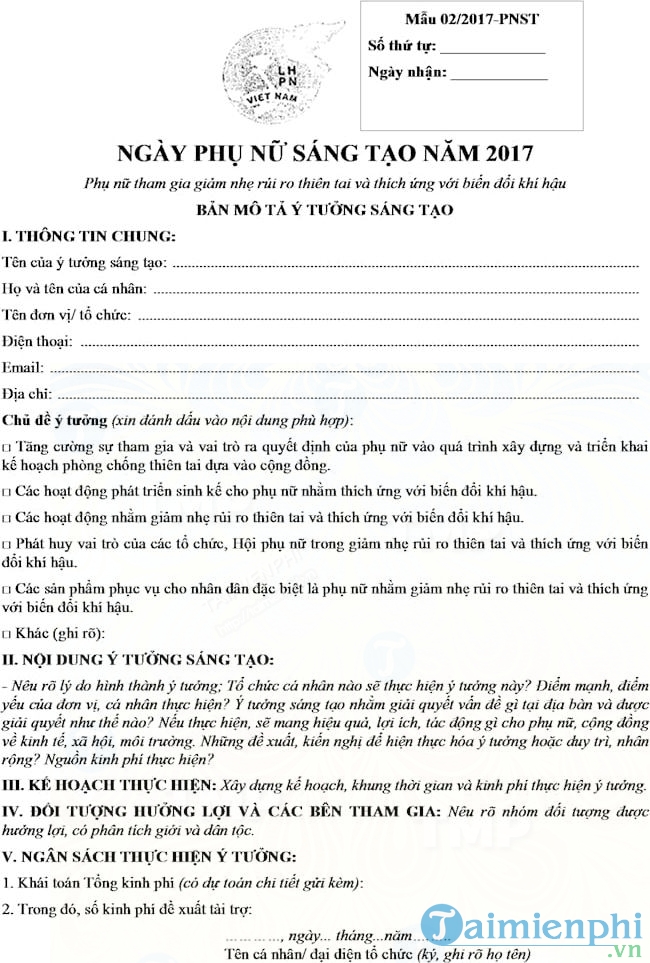 Mẫu đơn đăng ký tham gia Ngày phụ nữ sáng tạo năm 2017