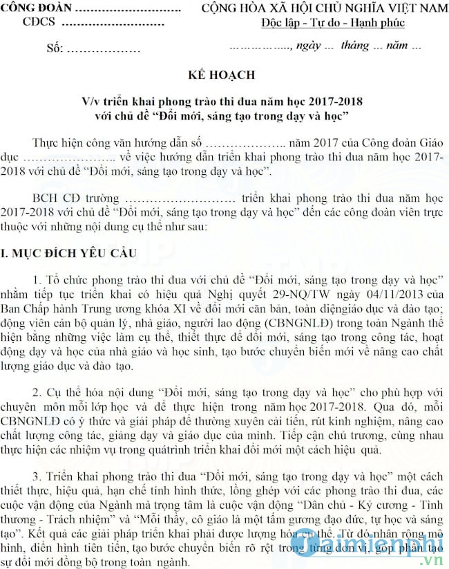 Mẫu kế hoạch triển khai phong trào thi đua với chủ đề Đổi mới, sáng tạo trong dạy và học năm 2017 2018