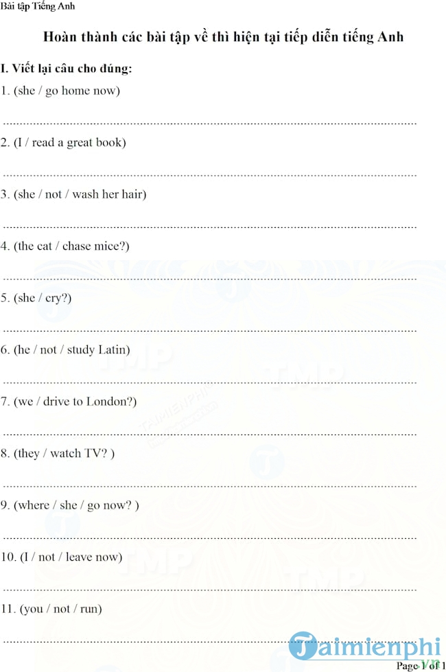 Bài tập thì hiện tại tiếp diễn Tiếng Anh