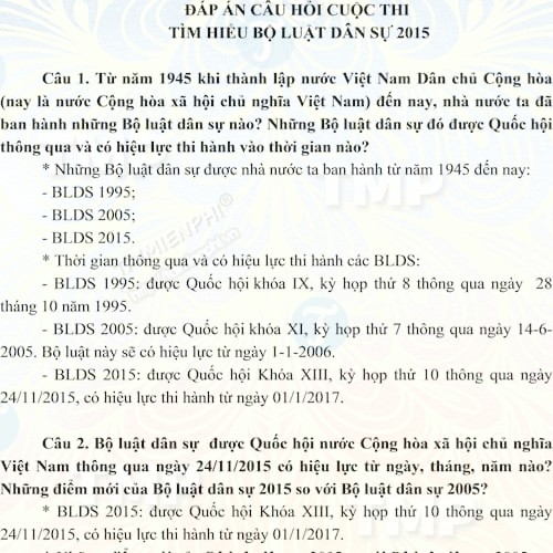 Đáp án câu hỏi cuộc thi Tìm hiểu bộ luật dân sự 2015