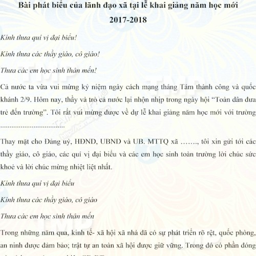 Bài phát biểu của lãnh đạo xã tại lễ khai giảng năm học mới 2017-2018