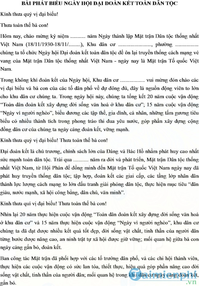 Bài phát biểu ngày hội đại đoàn kết toàn dân tộc