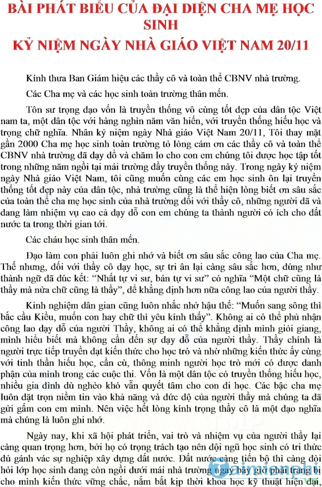 bai phat bieu cua phu huynh hoc sinh