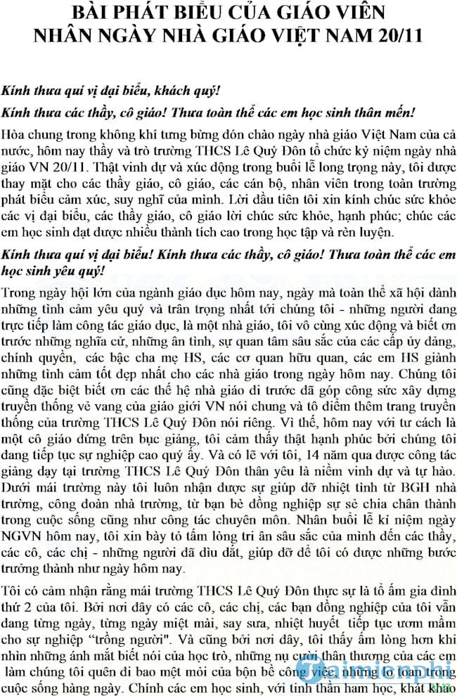 bai phat bieu cua giao vien ngay 20-11
