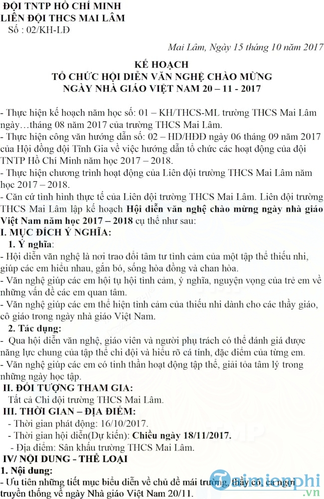 Kế hoạch tổ chức văn nghệ ngày 20 11