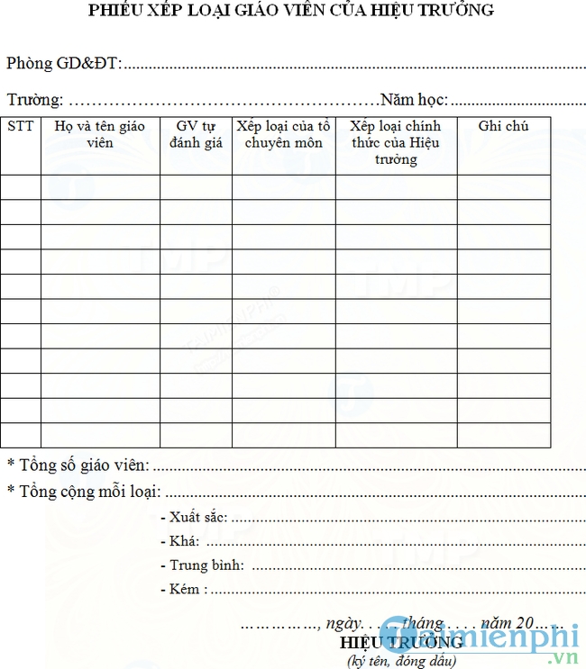 Phiếu xếp loại giáo viên của hiệu trưởng