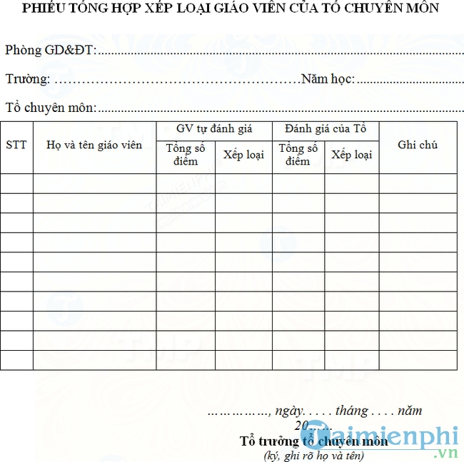 Phiếu tổng hợp xếp loại giáo viên của tổ chuyên môn