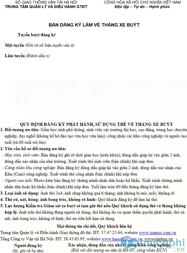 Đơn đăng ký làm vé tháng xe bus