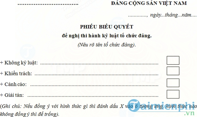 Mẫu phiếu biểu quyết đề nghị thi hành kỷ luật tổ chức Đảng