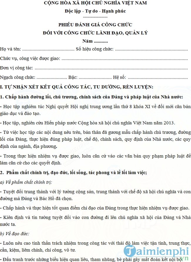 Mẫu phiếu đánh giá phân loại công chức lãnh đạo quản lý