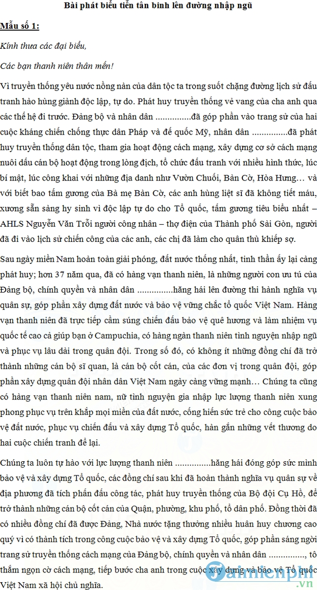 Bài phát biểu tiễn tân binh lên đường nhập ngũ