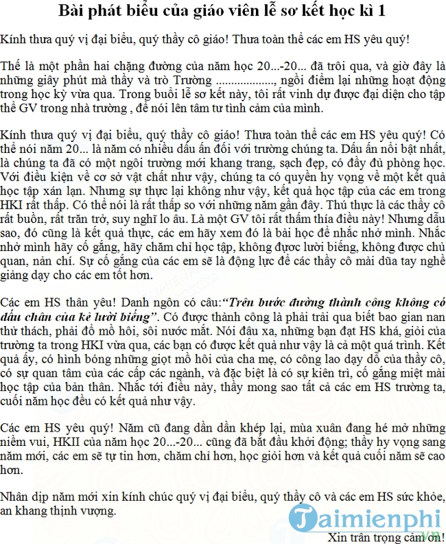 Bài phát biểu của giáo viên lễ sơ kết học kì 1