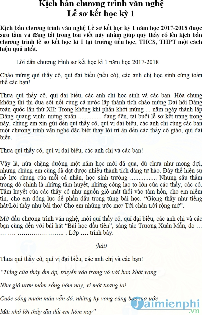 Kịch bản chương trình văn nghệ Lễ sơ kết học kỳ 1 năm học 2017 2018