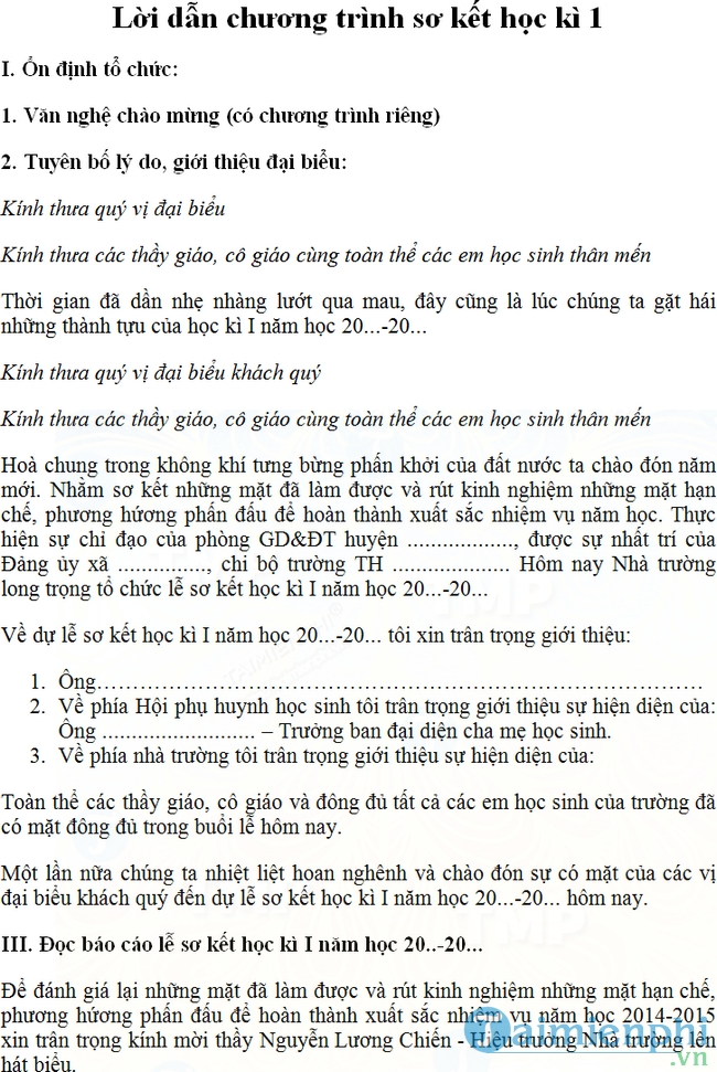 Lời dẫn chương trình sơ kết học kì 1 năm học 2017 2018