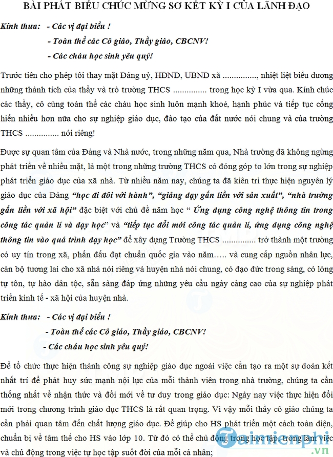 Bài phát biểu của lãnh đạo tại lễ sơ kết học kỳ 1