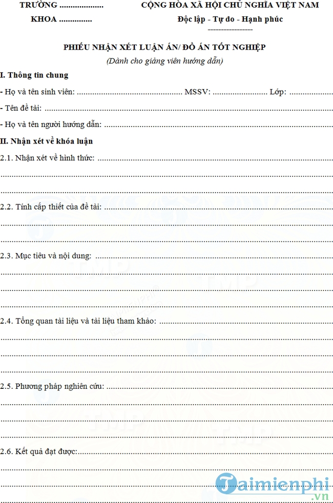 Mẫu phiếu nhận xét luận án tốt nghiệp