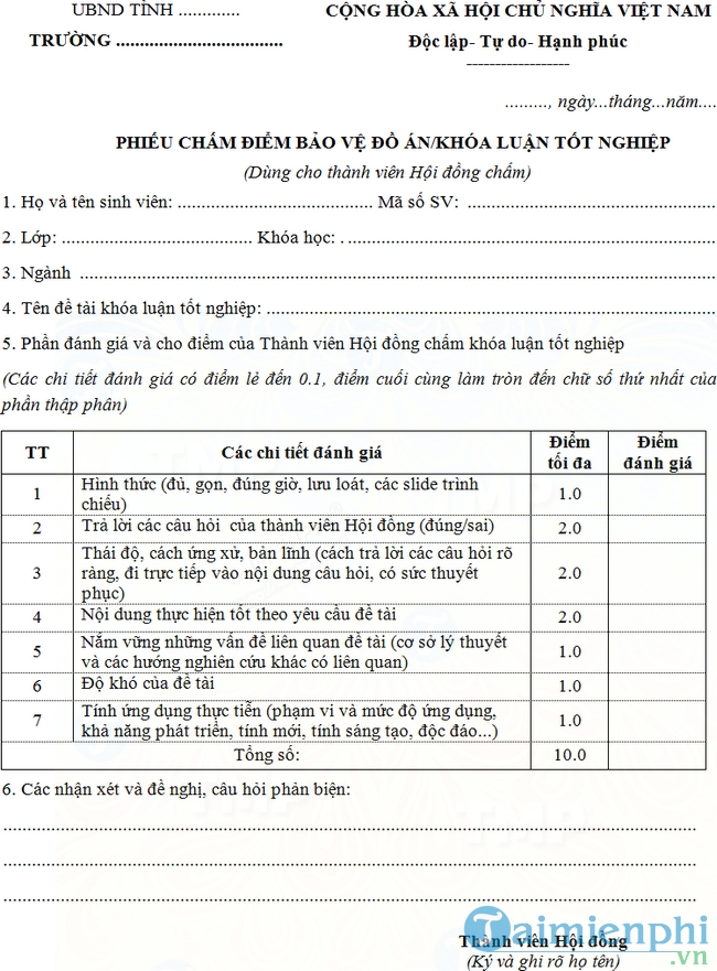 Mẫu phiếu chấm điểm bảo vệ đồ án tốt nghiệp